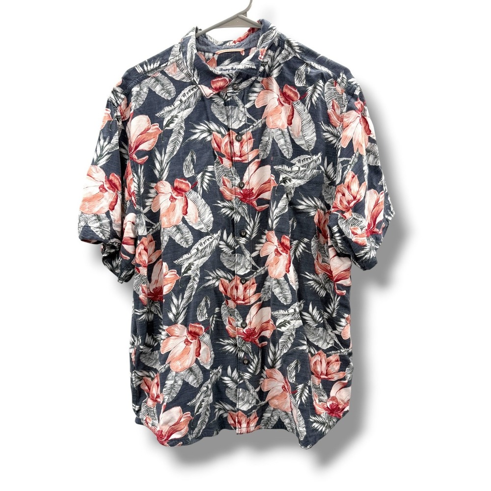 Tommy Bahama Button Down Shirt Mens XL Navy Blue Floral Tropical Short Sleeve